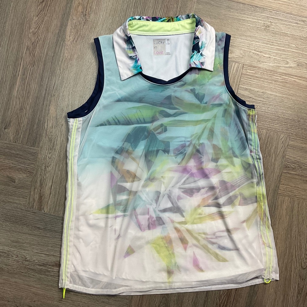 Lucky‎ in Love Sleeveless Tropical Mesh Tennis Golf Top Womens Large Blue White